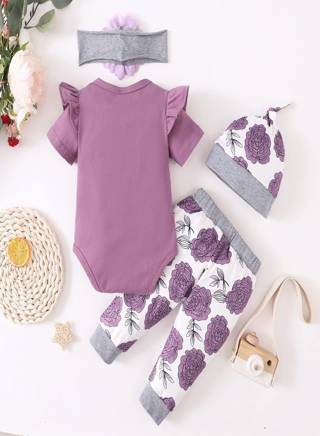 Renotemy Infant Baby Girl Outfit Summer Newborn Clothes Set Ruffle Tops Pants with Headband Cute Baby Clothes Girl 6-12 Months Purples - Image 4